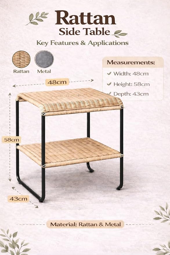 Modern Rattan Side Table, 2-Tier Storage End Table with Metal Frame, Bedside Table for Living Room & Bedroom Decor
